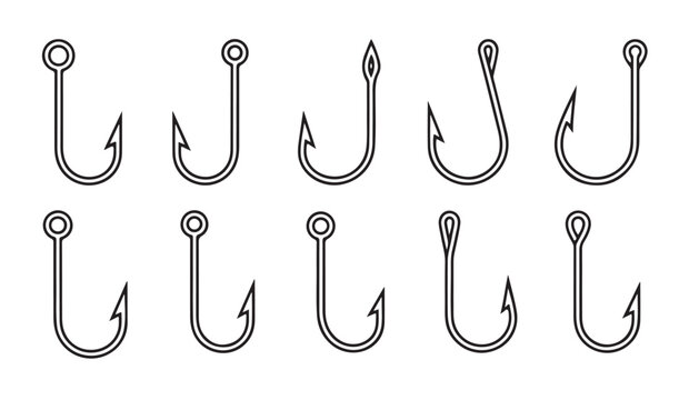 Ten different types of steel fishing hooks icons in clean line art vector illustration.