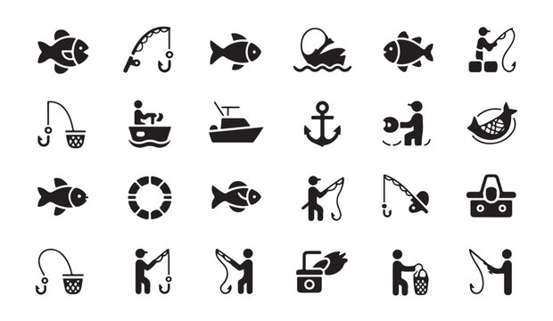 Diverse collection of flat fishing icons featuring anglers boats fish and angling gear.
