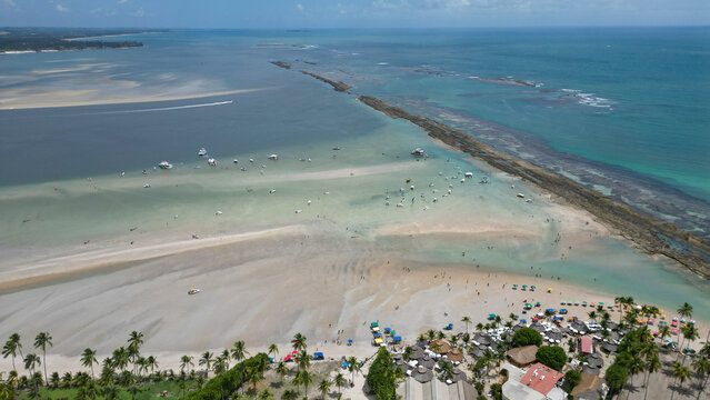 Aerial view of tropical coral reefs, natural pools and sandbanks on the Brazilian coast