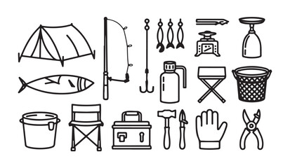 Camping and fishing gear set with tent chair thermos bucket and various tools line art. © RANA