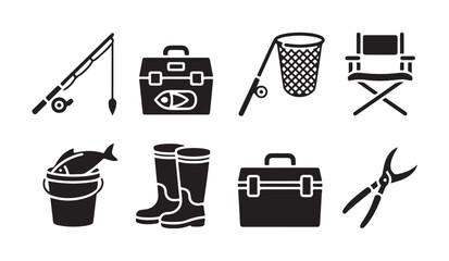 Fishing equipment icons collection featuring rods tackle boxes nets and outdoor gear set. © RANA