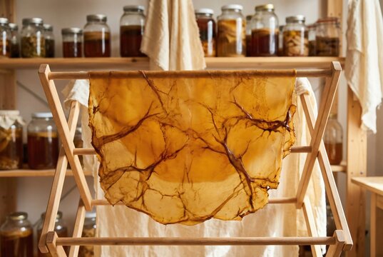 Front view of translucent scoby bio textile drying inside fermentation lab