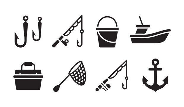 Set of fishing icons including hooks rod bucket boat anchor tackle box and fishing net.