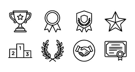 Fototapeta premium Modern outline award icons set with trophy cup medal and ribbon badge collection vector illustration
