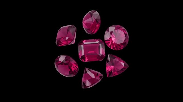 A set of 3D animated bright pink ruby gemstones and brilliant crystals glowing against a solid black background. Ideal for fashion promos, luxury brand videos, gaming assets, romance concepts, and vis