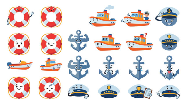 Collection of cute cartoon marine elements including lifebuoys, tugboats, anchors, and captain hats with faces.