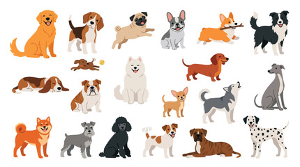 Fototapeta premium A diverse collection of adorable dog breeds depicted in a charming flat illustration style, showcasing various sizes and personalities.