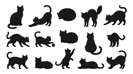 Collection of Black Cat Silhouettes in Various Poses and Actions. © jaina