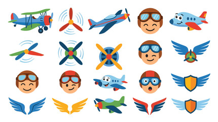 Collection of cartoon airplanes, pilots, and aviation elements. © jaina
