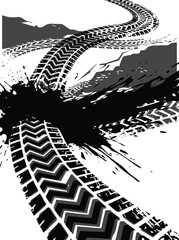 Obraz premium Abstract tire tracks weave across dark ground with bold curves and monochrome textures.