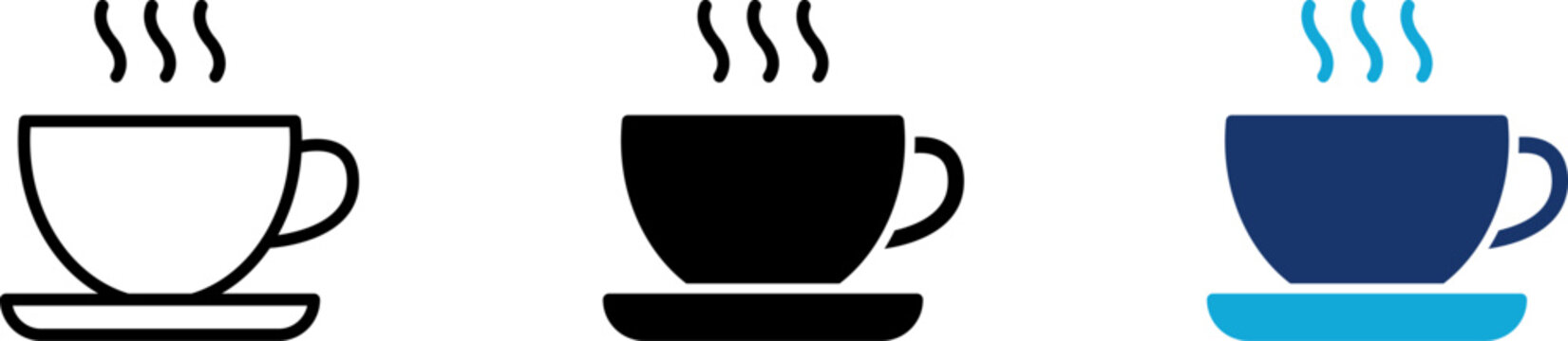Coffee cup icon set showing professional ceramic teacup on saucer plate with hot steam waves for cafe breakfast mug espresso morning drink and caffeine refreshment