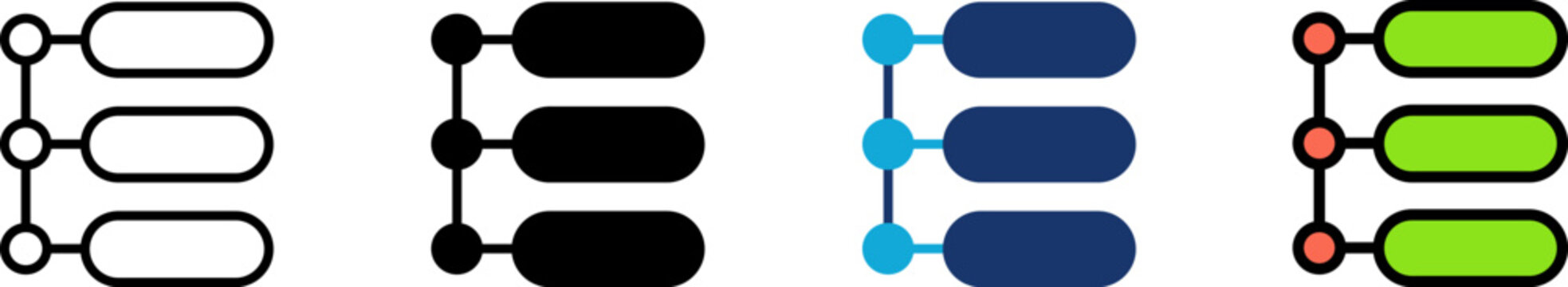 Sitemap icon set showing professional UI UX database hierarchy flowchart list with nodes and structural text rows for web navigation flowchart app data and process management