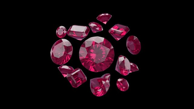 A set of 3D animated bright pink ruby gemstones and brilliant crystals glowing against a solid black background. Ideal for fashion promos, luxury brand videos, gaming assets, romance concepts, and vis
