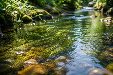 Fototapeta premium Clear shallow stream with water plants, sunlight filtering through.
