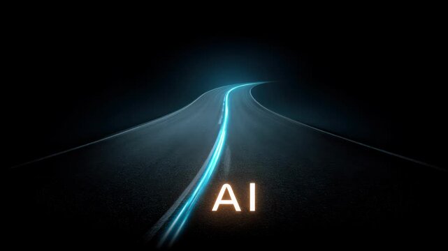 AI Smart Token Roadmap with Glowing Digital Guidance Line Along a Futuristic Highway, Seamless Loop Corporate Blockchain Infrastructure Background for Digital Finance, Token Strategy, Web3 Innovation.