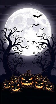 Spooky Halloween Night - Pumpkins, Bats, and a Full Moon.