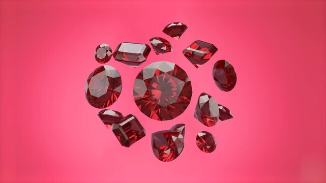 3D animation of precious red ruby gemstones and sparkling crystals floating over a bright pink background. Perfect for luxury jewelry advertising, crystal branding promos, glamorous fashion edits, tre