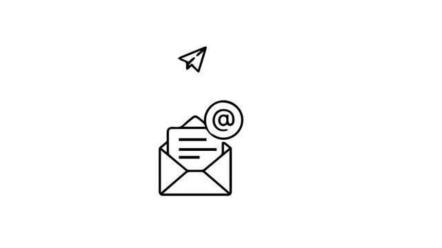 Minimalist line art icon symbolizing digital communication, with an open envelope delivering an email message and a paper airplane indicating outbound message transmission in a clean, modern