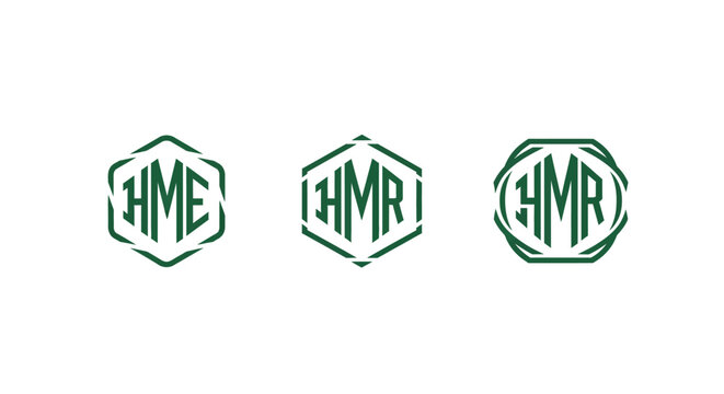 Three green monogram logos with geometric borders.