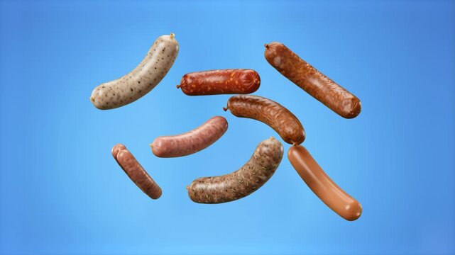 A dynamic 3D food animation featuring an assortment of sausages, bratwursts, and frankfurters floating and tumbling in mid-air. The food styling asset is presented on a clean, solid blue background.