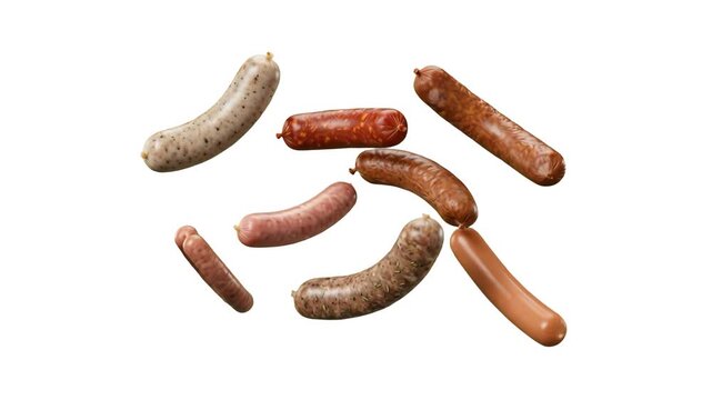 A dynamic 3D food composition featuring an array of raw and grilled sausages, frankfurters, bratwurst, and hot dogs floating in mid-air, set against a plain white background. Great for butcher shop ad