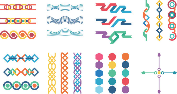 Retro Geometric Corner Ornaments Set with Colorful Abstract Border Decorative Vector Elements for Page Layouts