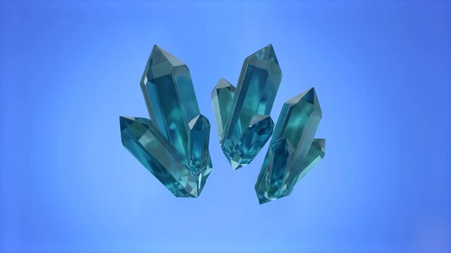 A cluster of sharp, translucent blue quartz mineral crystals floating and rotating softly in mid-air. This ethereal 3D animation loop is ideal for fantasy, wellness, spiritual themes, or cosmetic prod