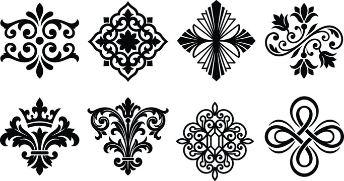 Vintage Baroque and Damask Decorative Ornament Elements Set for Luxury Border and Corner Vector Design