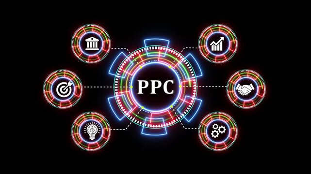 Ppc marketing concept animation with neon glowing hud interface and tech icons.