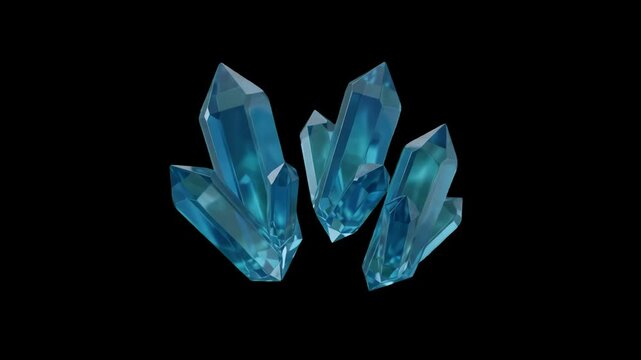 A detailed 3D rendering of translucent blue crystal clusters and magical mineral gemstone formations glowing against a dark black backdrop. Perfect for fantasy gaming UI assets, sci-fi energy crystals