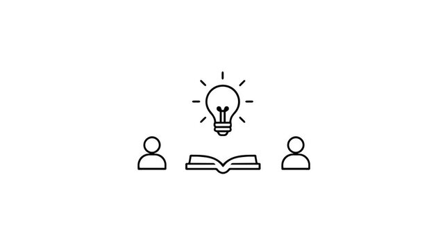 Conceptual vector art depicting two silhouetted figures surrounding an open book under a bright, illuminated light bulb, symbolizing shared learning and innovative idea generation.