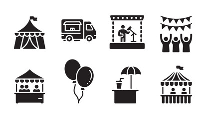 Festival icons set with carnival tent stage performance balloons and party decorations. © Ripon