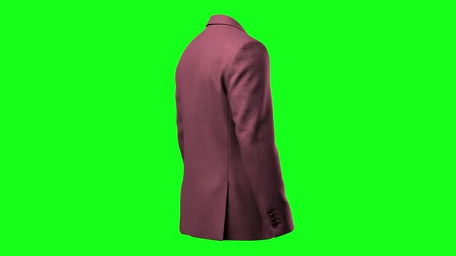 A detailed 3D rendering of an elegant men's suit jacket in a dusty rose pink or burgundy shade, viewed from behind. The headless or invisible torso fashion element is set against a solid chroma key gr
