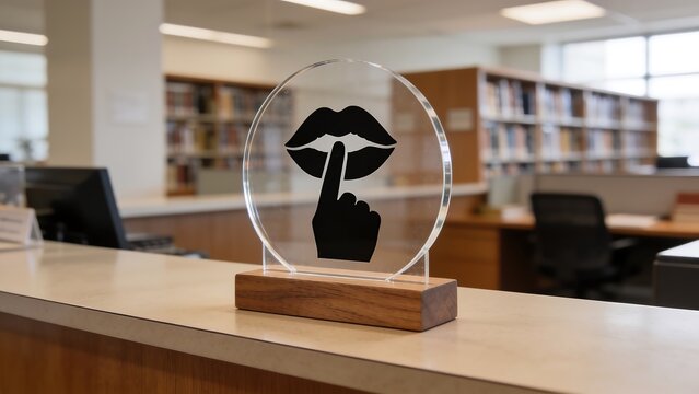Silence Gesture Icon Sign on Library Desk