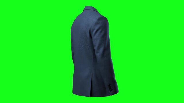 Back perspective of a classic navy blue men's suit jacket isolated on a green screen. Suitable for commercial apparel advertisements, fashion mockups, business attire promos, and video editing overlay