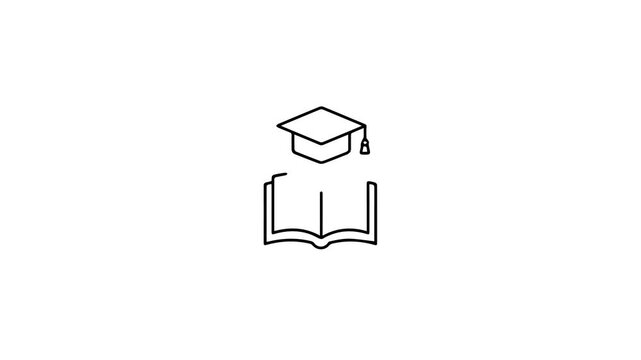 Minimalist vector graphic icon of an open book beneath a graduation cap, representing knowledge, education, and academic achievement in a clean, modern, line art style on a white background.