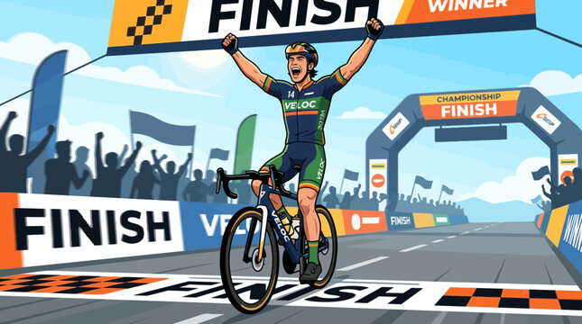 Cyclist Crossing Finish Line, Victory Celebration