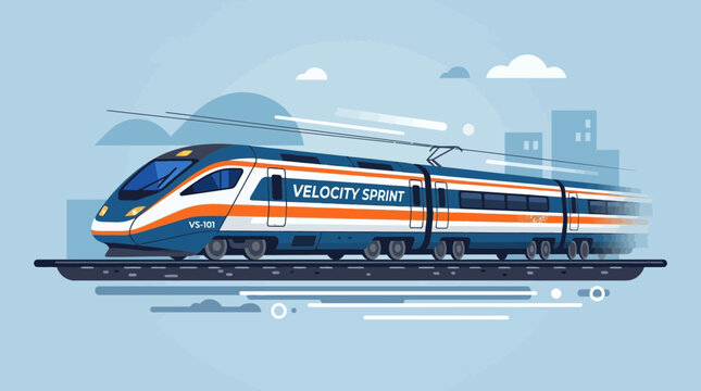 High-speed train, modern transport, city background, blue and orange