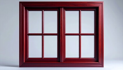 Fototapeta premium Traditional Red Mahogany Wooden Window Frame on Grey Background