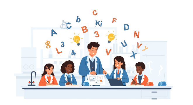 Teacher leading diverse students in a classroom with letters and numbers floating.