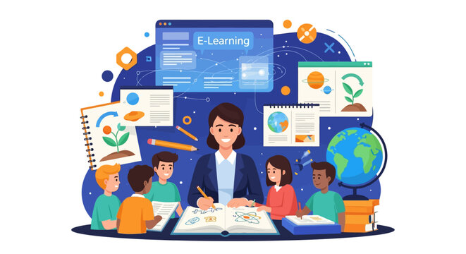 Teacher instructing students in an online learning environment.