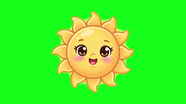 A whimsical and friendly cartoon sun mascot featuring big, expressive eyes and a joyous smile. Isolated against a chroma key green screen, this versatile asset allows for seamless integration into var