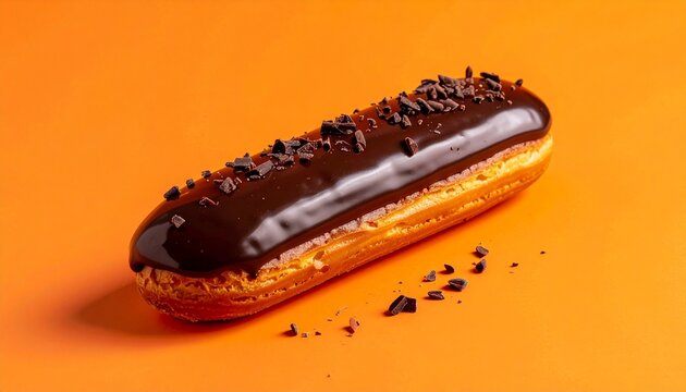 A chocolate eclair on an orange background.