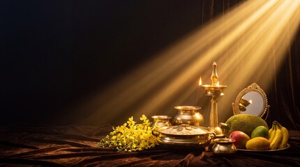 Fototapeta premium Traditional Kerala Vishu Kani arrangement with a lit brass lamp, valkannadi, and kanikkonna flowers illuminated by dramatic morning sun rays on a dark background with copy space.