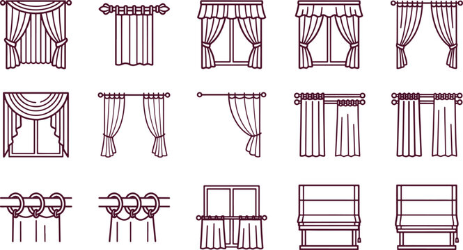 Collection of window curtain and blind featuring various styles of drapes, valances, and hanging mechanisms on white background
