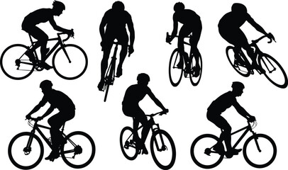 Obraz premium Cyclist Silhouettes In Various Poses On Bicycles Keywords: cyclist, cycling, bicycle, bike, sport, athlete, man, male, silhouette