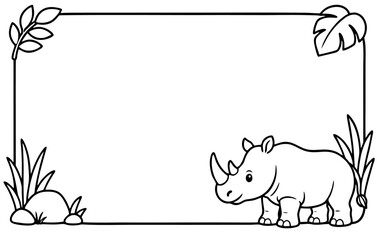 Cute rhino coloring page frame with jungle leaves and tropical plants for kids activity book © Hokyubi