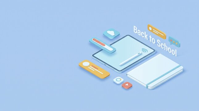 A digital minimalist 3D isometric illustration depicting a modern educational concept with a tablet and notebook set against a soft blue background to represent a clean back to school season theme
