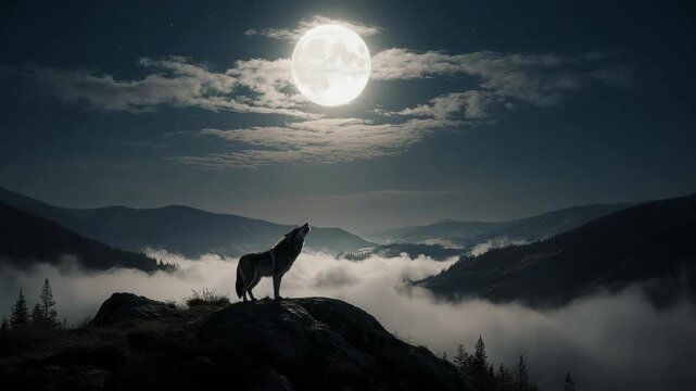 wolf howling with moonlight and a large full moon background, deep night blue tonight