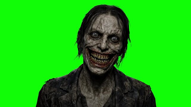 A gruesome and terrifying humanoid creature with a wide, unnatural, nightmare-inducing grin. Isolated against a chroma key green screen, this horror asset is designed for dark cinematic projects, supe